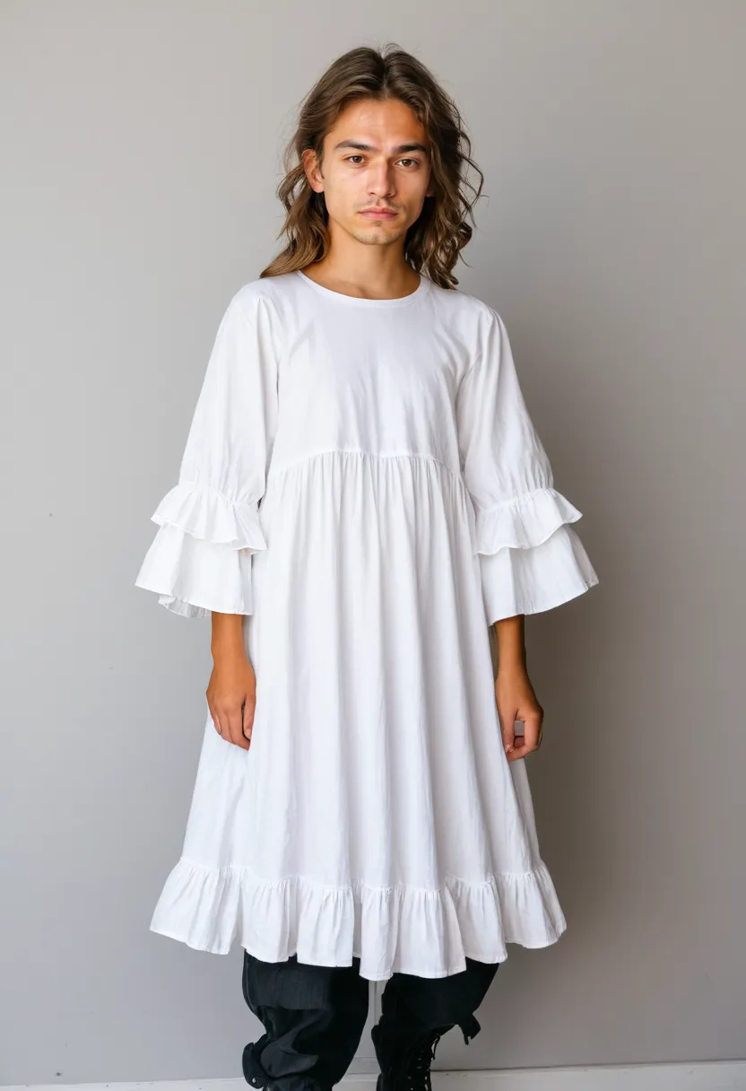Man wearing a white cotton prairie dress with wide sleeves and ruffled hem, the fabric ideal for outdoor movement and soft styling