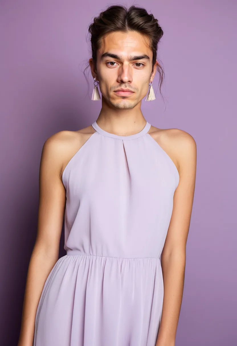 Consistent pastel editing style applied to a feminine photoshoot featuring soft lilac chiffon and coordinated accessories