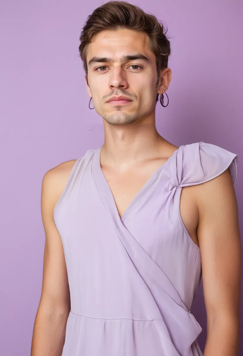 Boy wearing an all-pastel look in soft lilac, with chiffon dress and accessories in a consistent soft colour palette creating a dreamy coordinated aesthetic
