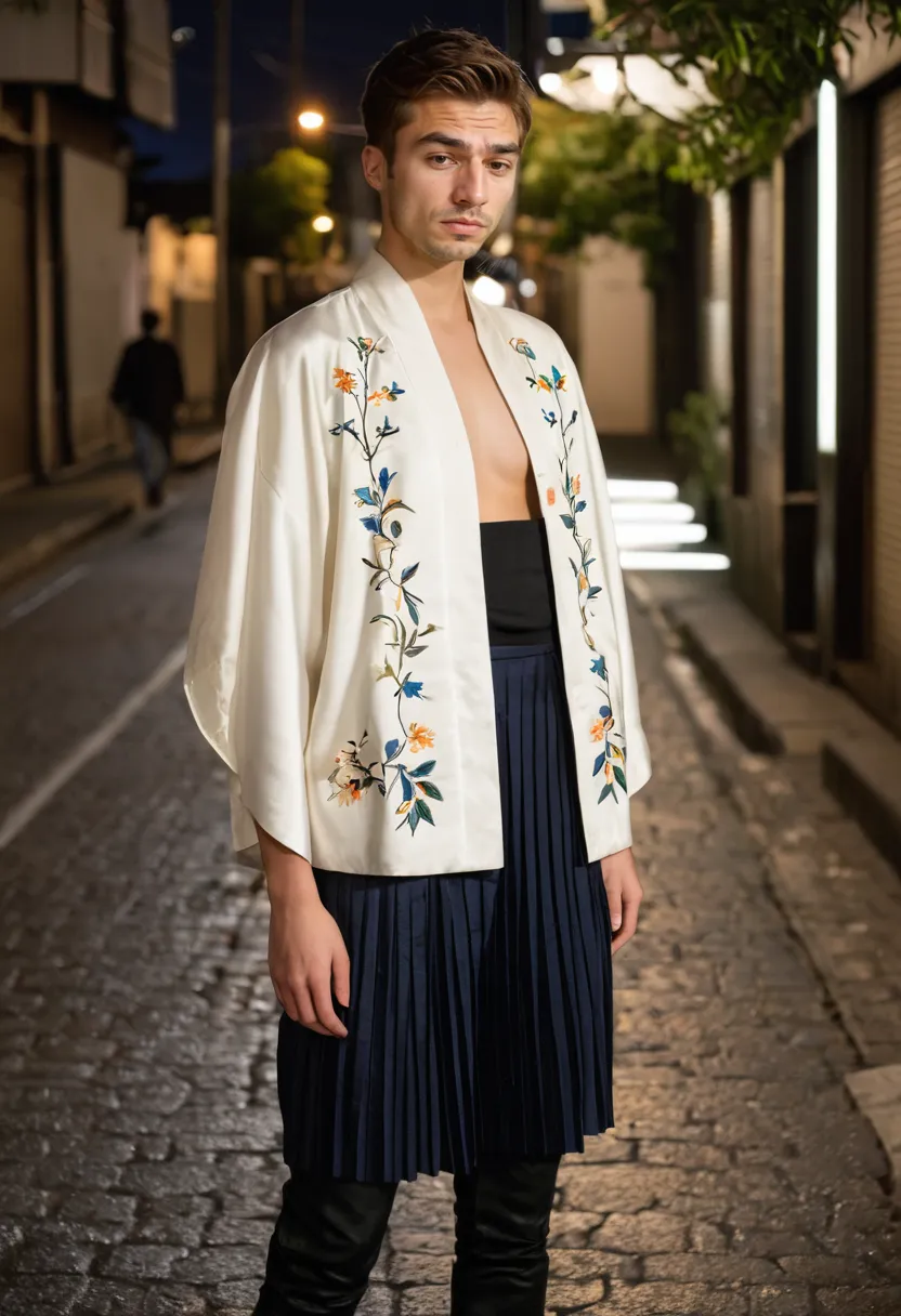Cultural fusion pretty man look with silk kimono and pleated skirt on wet pavement