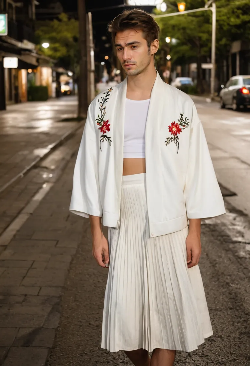 East-west fashion fusion featuring embroidered silk kimono jacket and pleated skirt