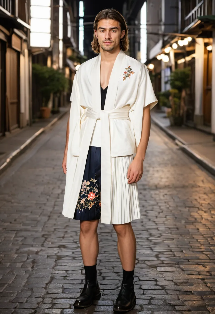 A man wearing a white silk kimono-style jacket with embroidered florals over a pleated western skirt