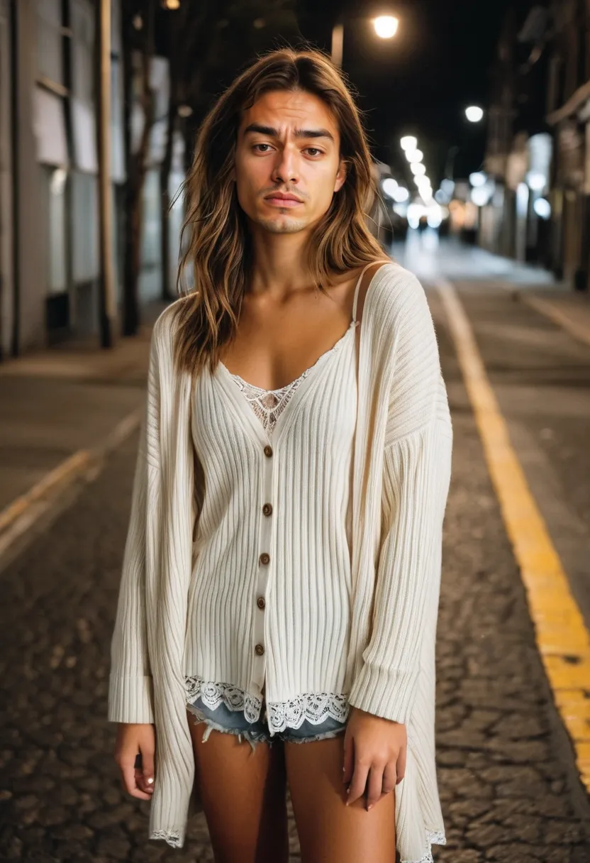 Man wearing oversized cream cardigan with wide ribbed knit over white lace-trim camisole