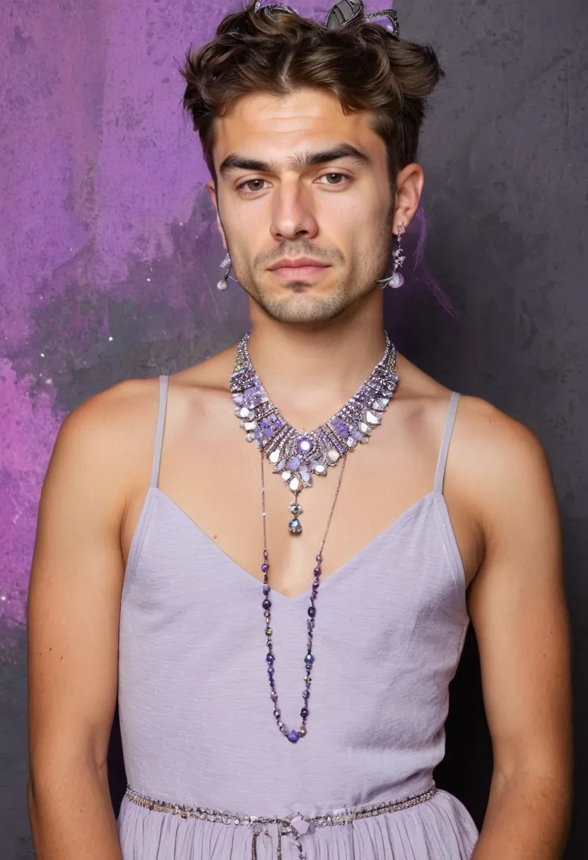 Fully accessorized boys styled femininely transformation with layered jewelry and hair accessories in neon noir setting