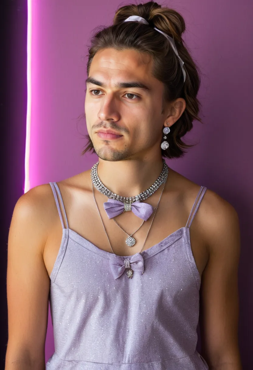 Boy in a pale lavender dress with layered necklaces, hair bow, and small earrings completing a fully accessorized feminine look