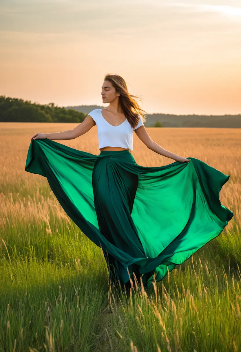 Luxurious emerald silk floor-length skirt with smooth fluid movement and natural shine