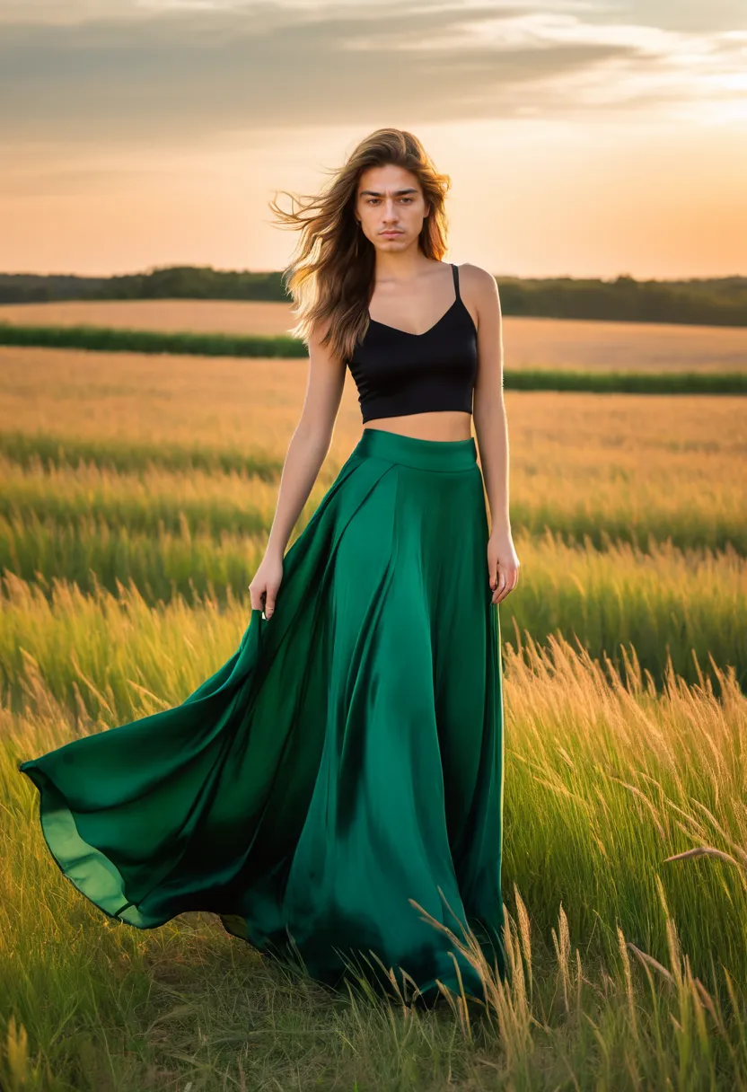 Emerald silk maxi skirt on a man showing fluid cascading drape with subtle light highlights