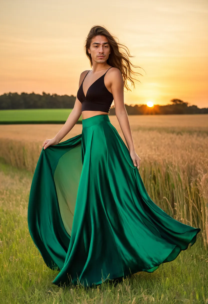 Man wearing a luxurious emerald silk maxi skirt with fluid drape and natural luminosity
