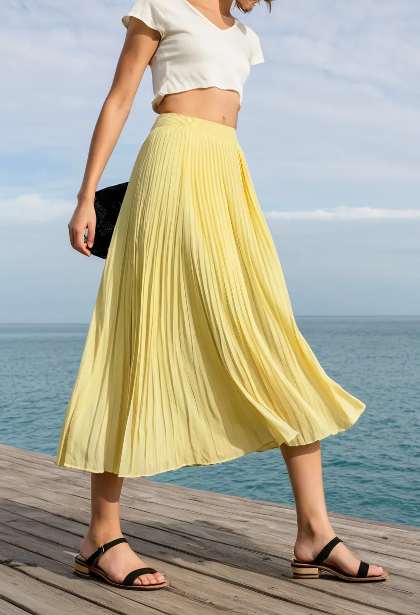 Man in a pale lemon yellow pleated midi skirt with fine accordion pleats and silk-like fabric