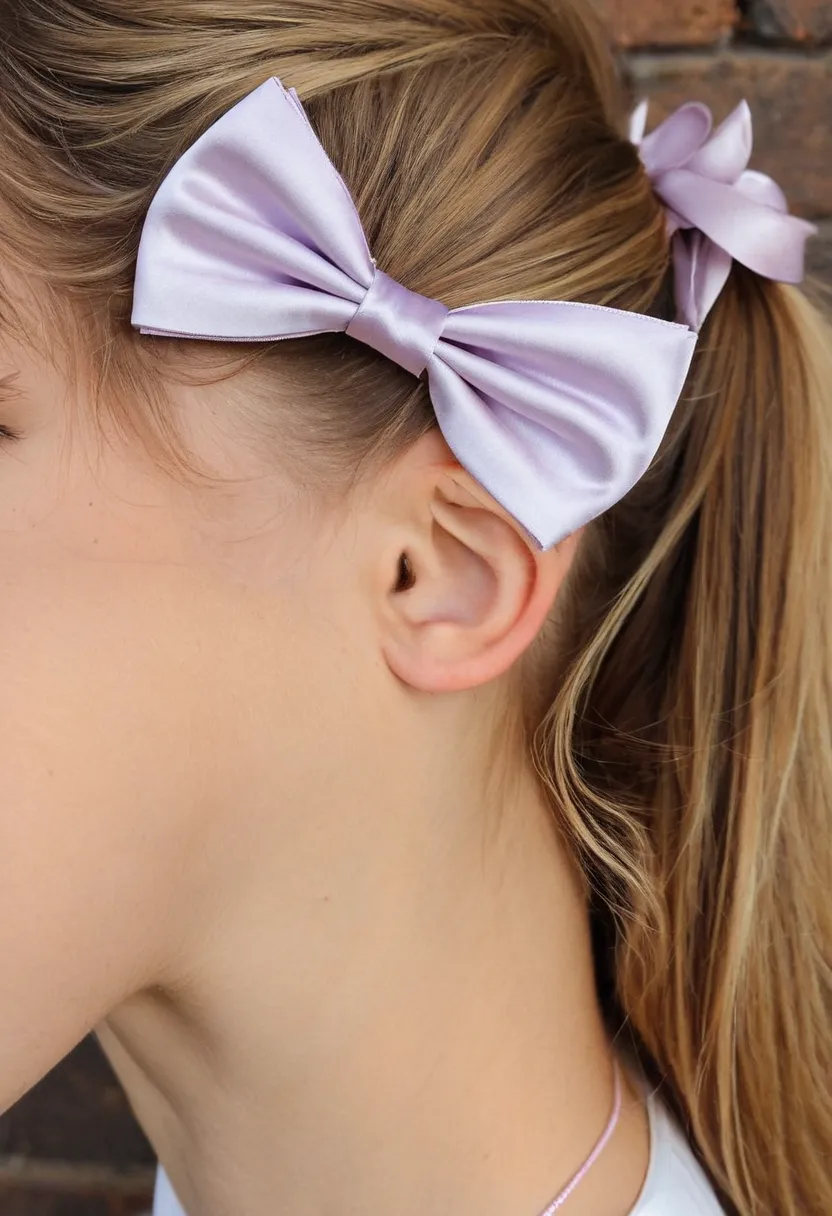 Close detail of a tiny delicate pale lavender satin bow precisely tied and clipped above the ear in an industrial loft