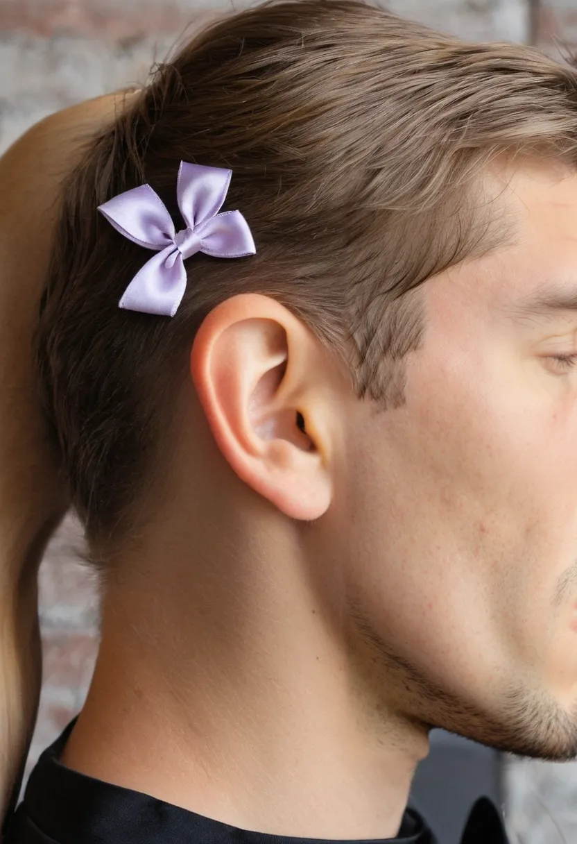 Man wearing a small pale lavender satin bow clip on a side part positioned above the ear against a brick wall