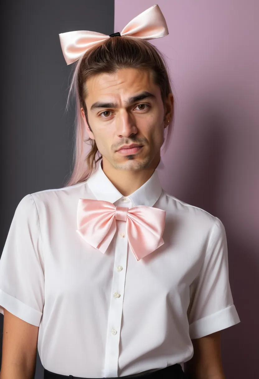 Man wearing statement satin bow hair accessory against neon noir studio backdrop