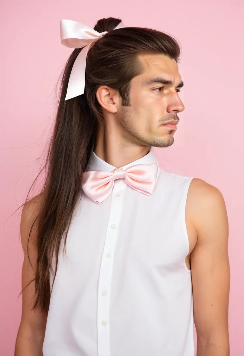 Large pale pink satin bow clip styled in hair with white blouse under holographic lighting