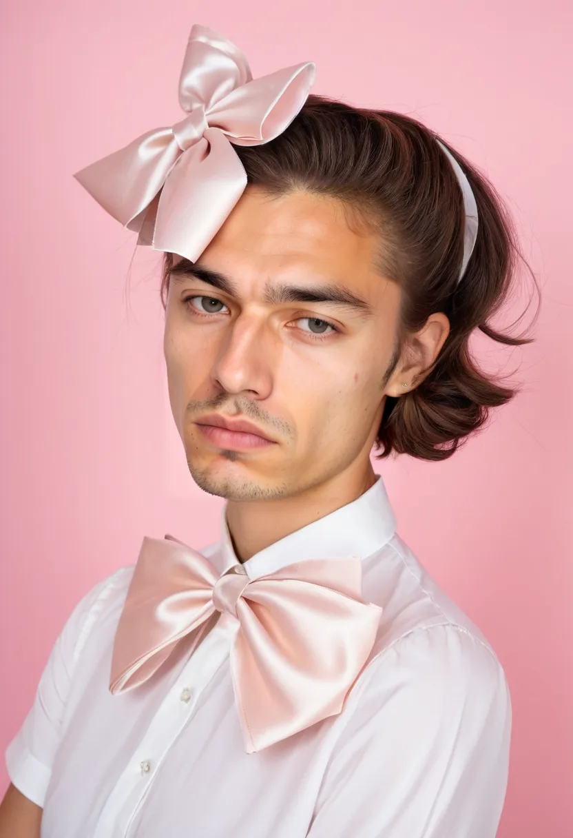Man wearing a plain white blouse with a large satin bow clip in pale pink in the hair against a neon noir studio backdrop