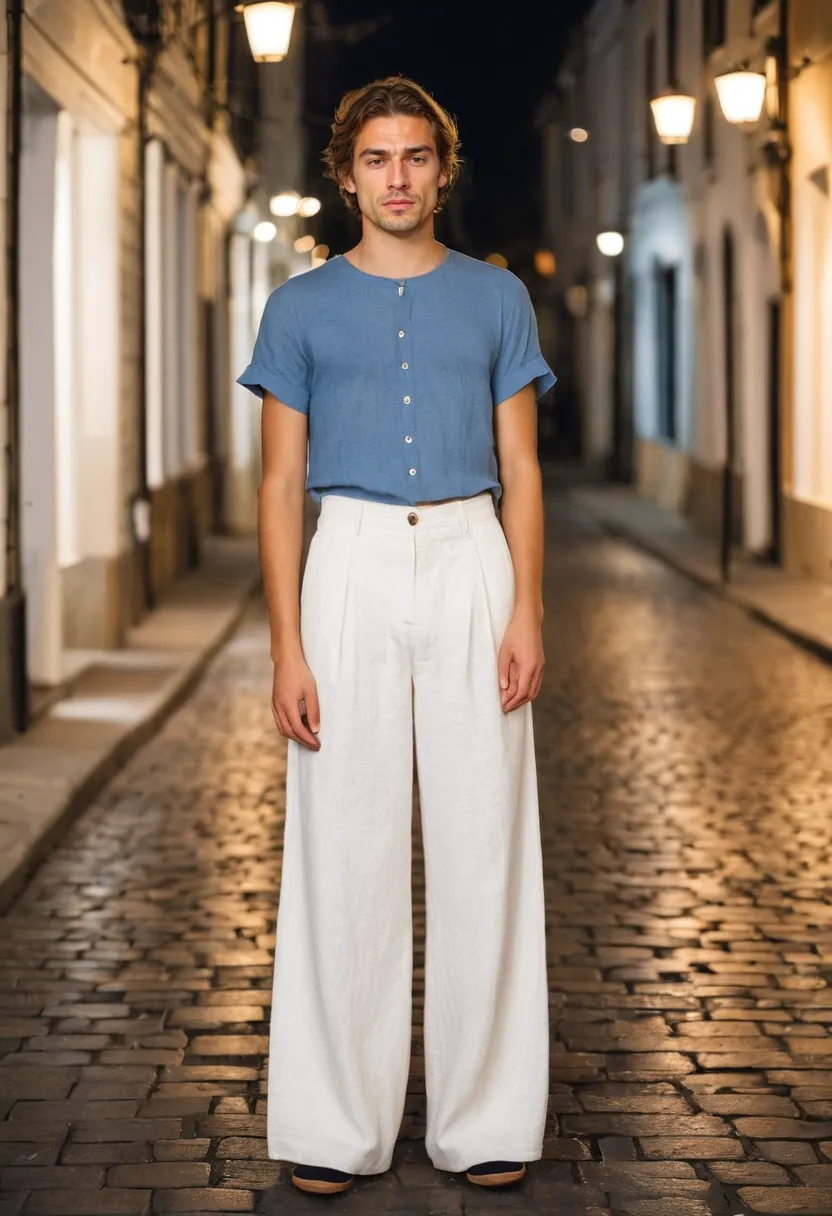 Boys summer soft style featuring minimal natural fabric outfit with white linen trousers and blue blouse