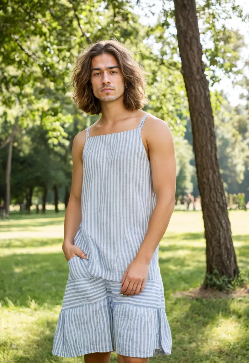 Man in a knee-length linen shift sundress with wide straps and natural crinkled texture.