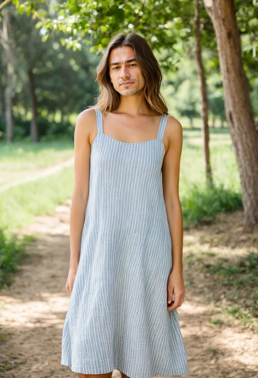 Blue and white striped linen sundress with relaxed shift silhouette worn by a man.