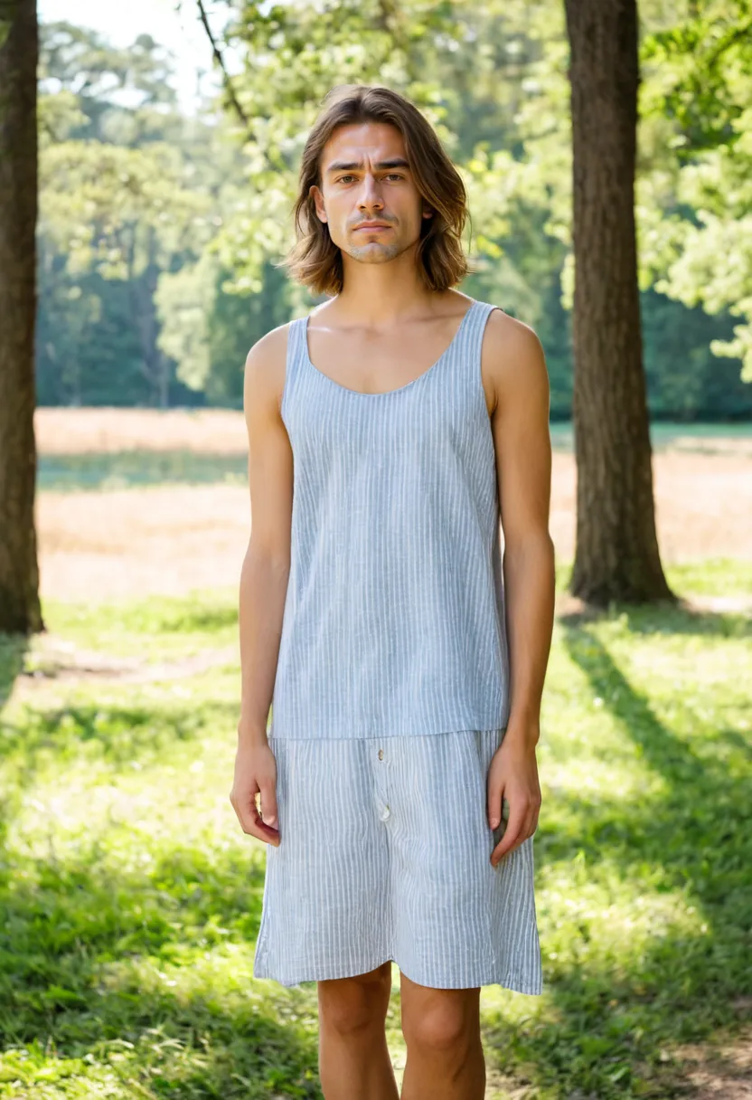 Man wearing a relaxed soft blue and white striped linen sundress with wide shoulder straps.