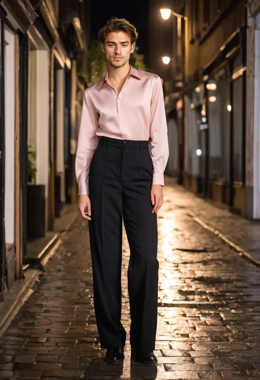 Androgynous outfit combining masculine wide-leg trousers with feminine pink blouse