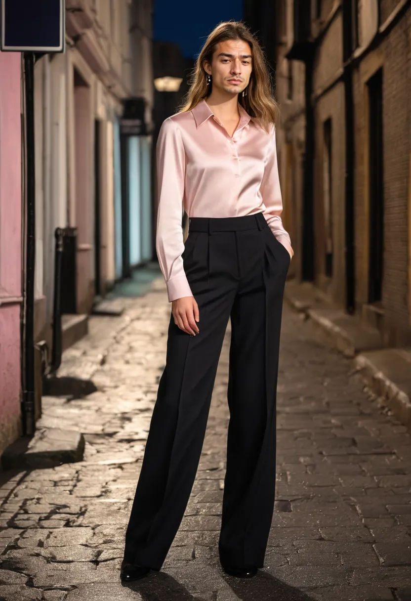 Boys wearing androgynous looks featuring wide-leg black trousers and pink blouse styling