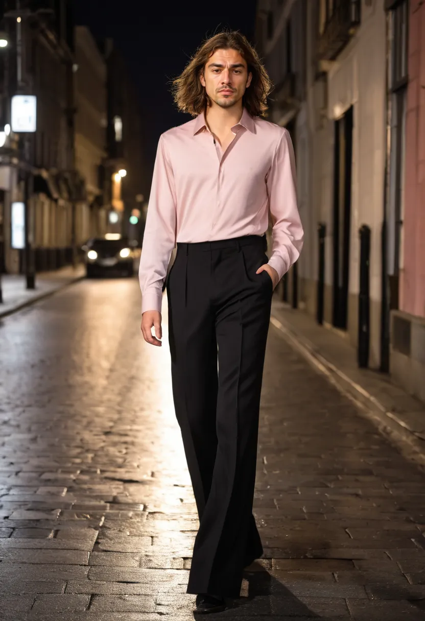 Boy wearing wide-leg black tailored trousers with a fitted soft pink blouse on a wet night street