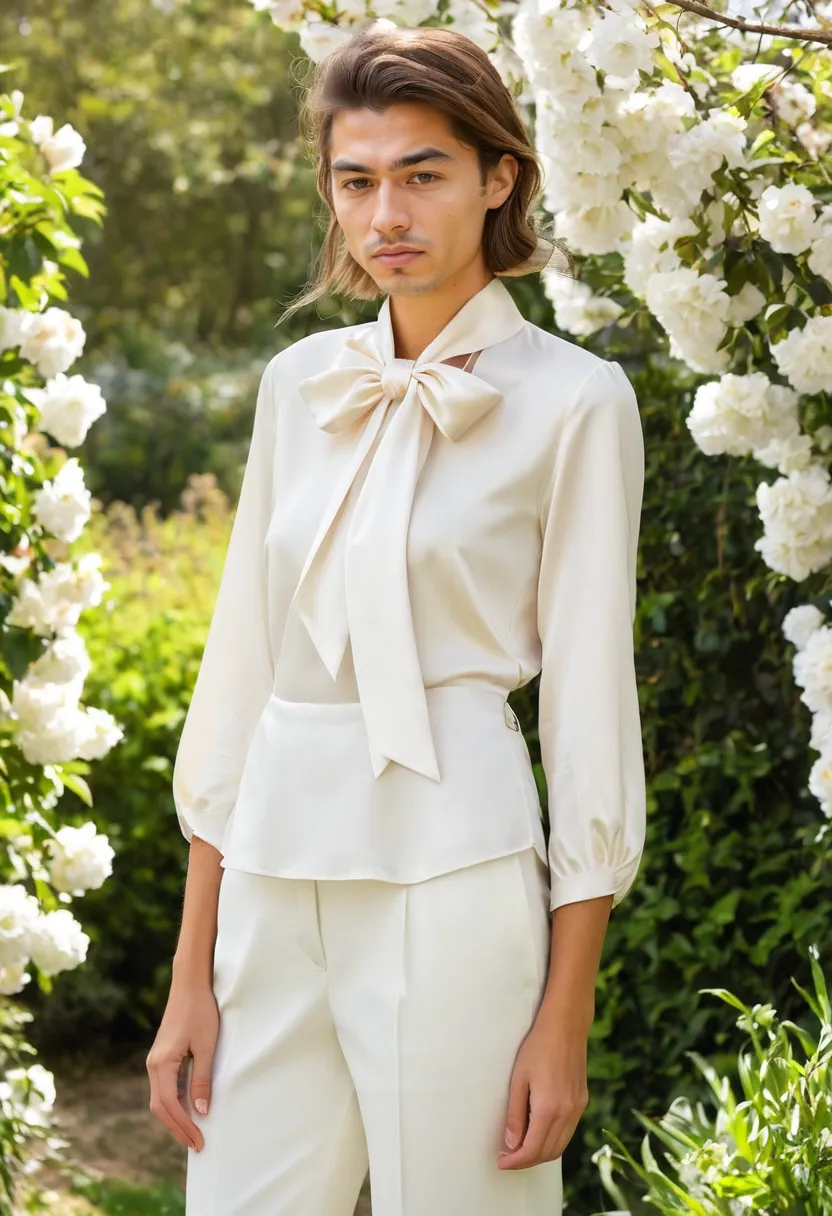 Fitted ivory satin bow blouse for men with long trailing ribbon ends, soft focus garden background