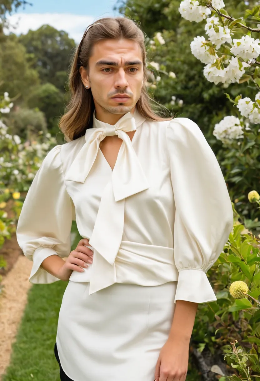 Man wearing lightweight satin blouse in ivory white with large structured bow catching soft highlights