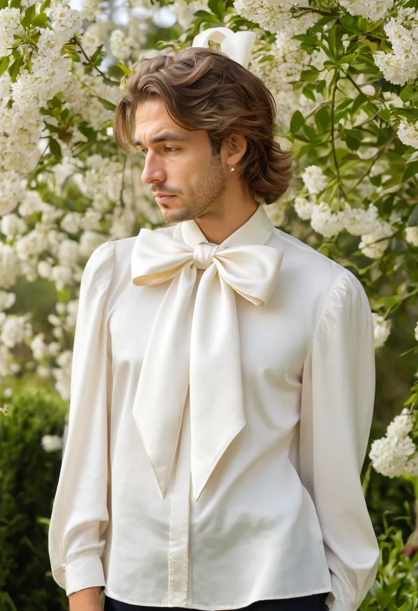 Man in ivory satin blouse with oversized voluminous bow tied at neckline, trailing ends in blooming garden