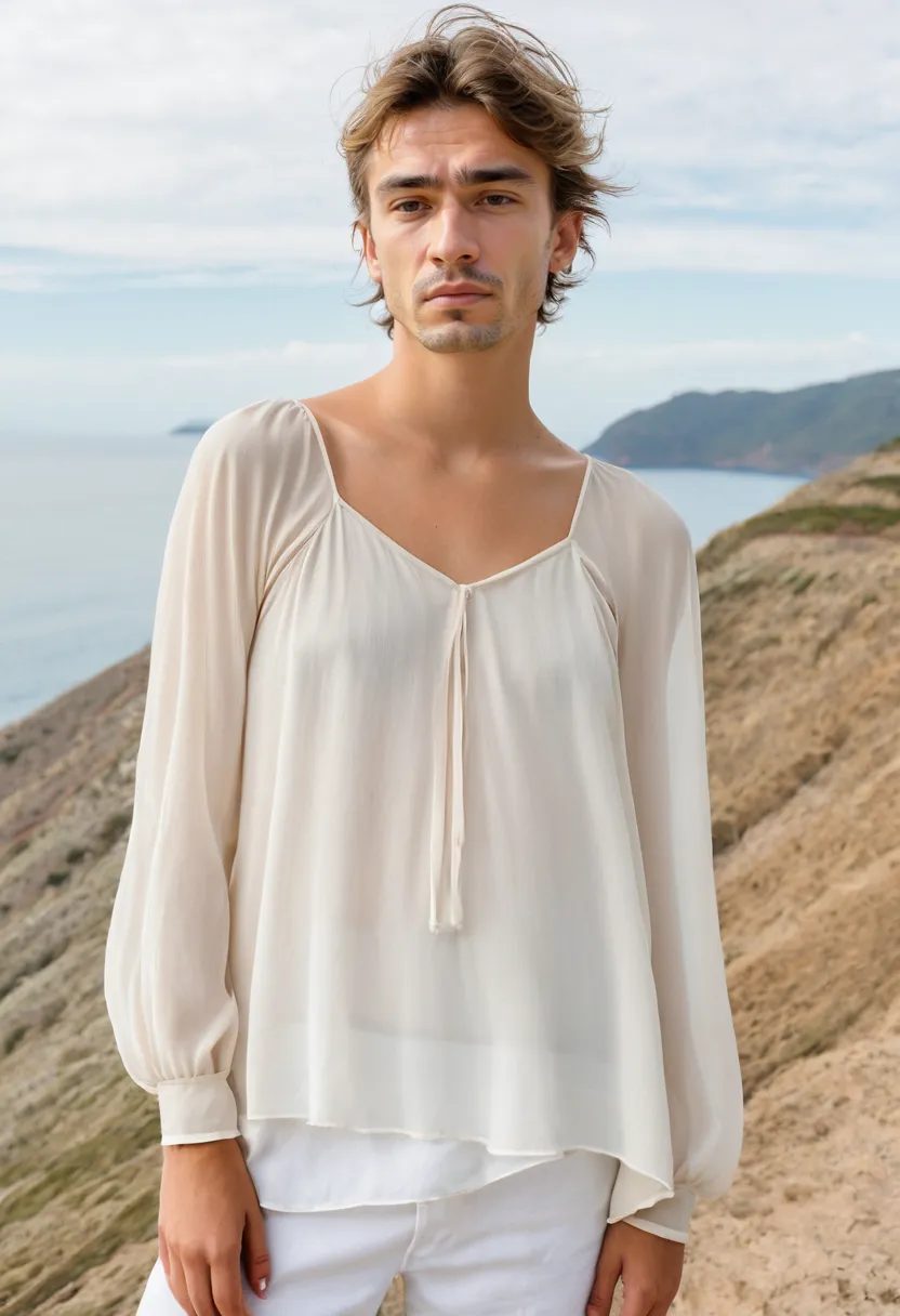 man in flowing semi-sheer ivory chiffon blouse with delicate weave, loose silhouette with long sleeves billowing gently over camisole layer by the sea
