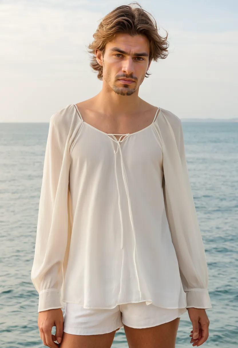 man wearing a semi-sheer pale ivory chiffon blouse over a soft camisole, ultra-lightweight translucent fabric draping in soft fluid folds with long flutter sleeves against cloudy sky background
