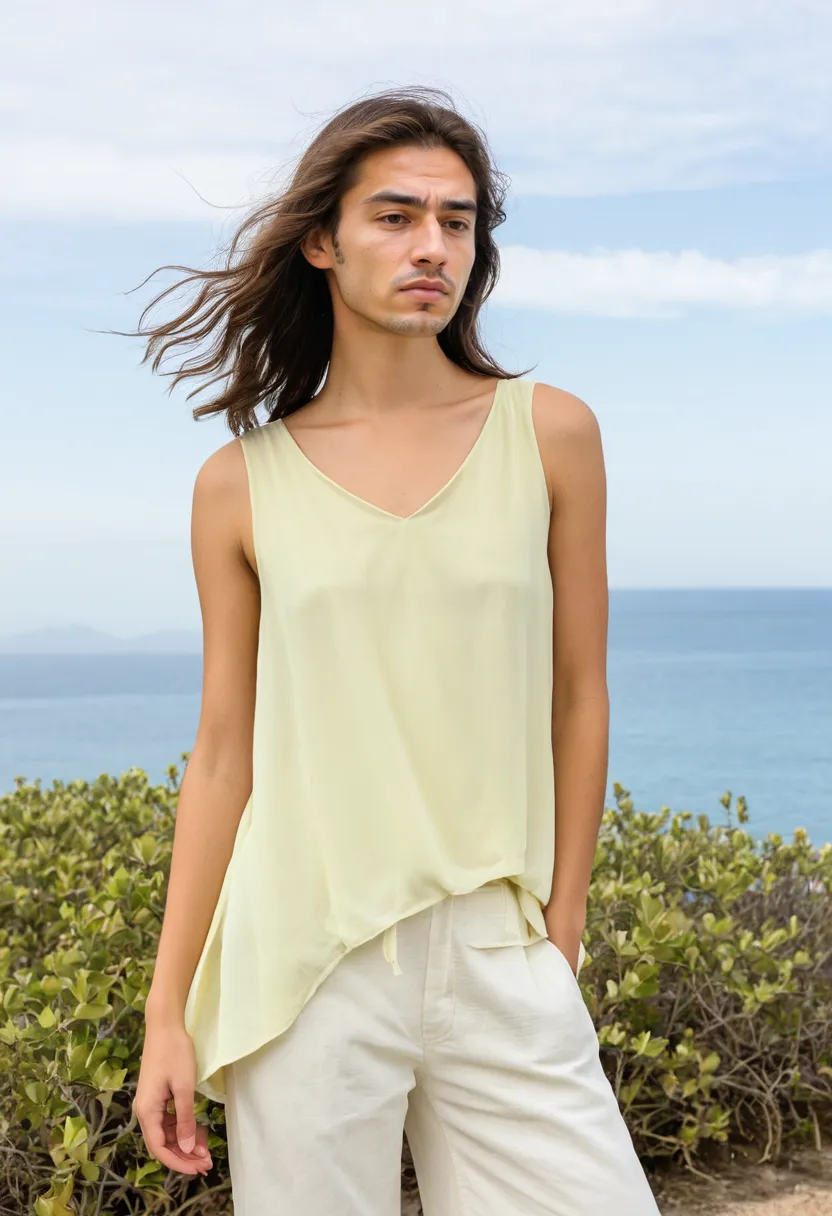 man wearing pale yellow sleeveless chiffon blouse with airy weave and flowing cut, soft draped neckline and side slit hem catching breeze by the ocean