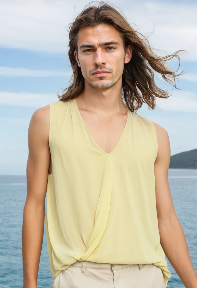 man in sleeveless lemon yellow chiffon blouse with wide flowy silhouette and side slits, lightweight open weave fabric billowing gently against coastal background