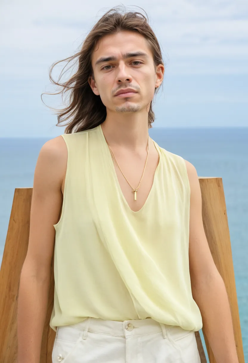 man wearing a sleeveless pale lemon yellow chiffon blouse, ultra-lightweight airy open weave fabric, wide flowy cut with side slits at hem and soft draped neckline moving freely in breeze