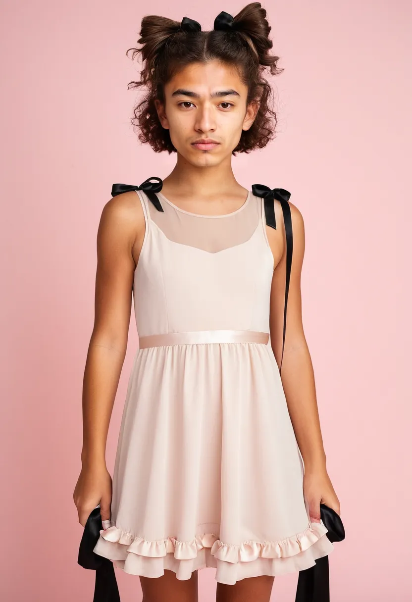 A coquette boy's look featuring a pale blush chiffon dress with delicate satin ribbon bow details, lightweight romantic fabric against holographic neon lighting.