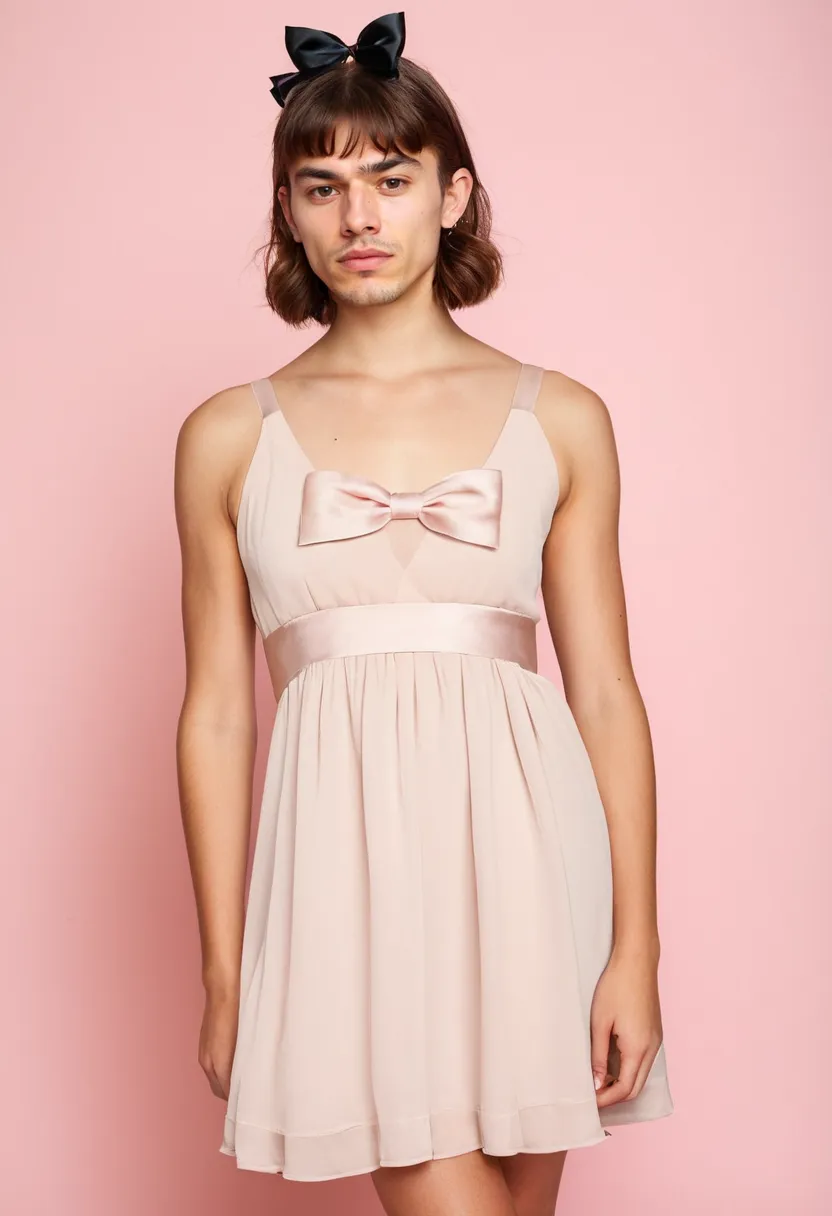 A man wearing a soft coquette dress in pale blush chiffon with satin ribbon bow accents, lightweight fabric flowing softly, shot in a neon noir studio with holographic accents.