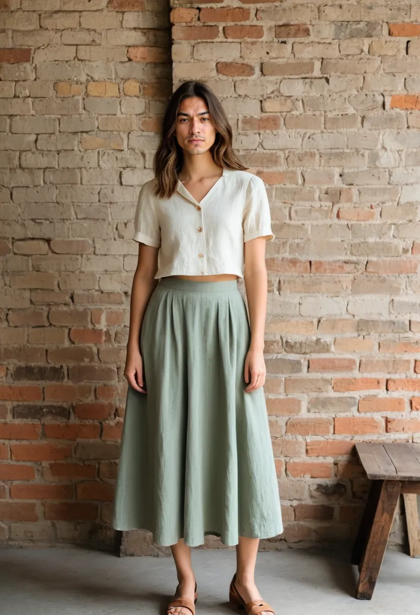 A boy in a minimal cottagecore outfit of cream linen blouse and dusty sage midi skirt, photographed against exposed brick.