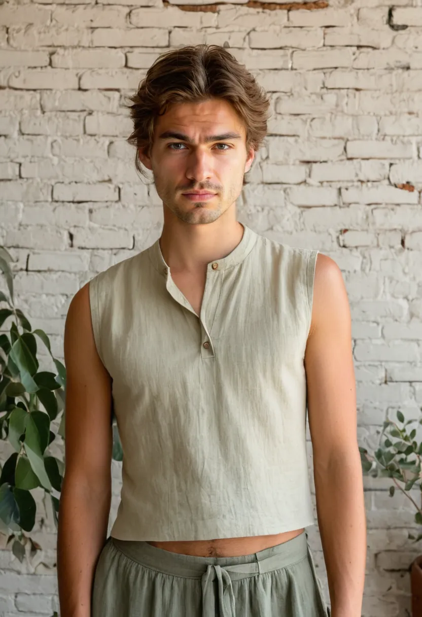 A boy wearing an everyday cottagecore outfit with a simple cream linen blouse and an A-line midi skirt in dusty sage green, in natural fabrics with minimal fuss, against an industrial brick wall.