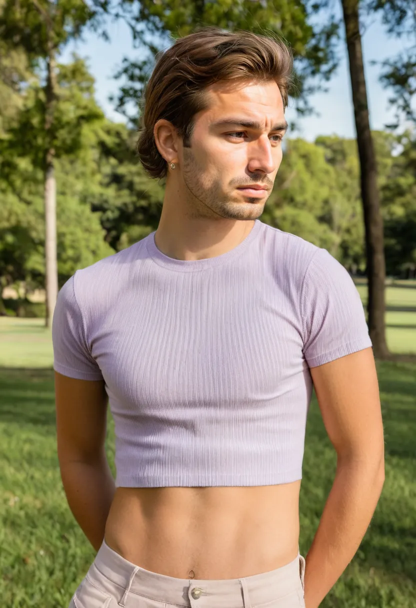 Man wearing a soft ribbed crop top in pale lavender with fine vertical rib texture, cropped just above the waist