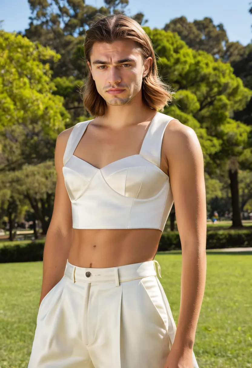 Ivory satin crop top with architectural cut clean lines and high-sheen polished fabric