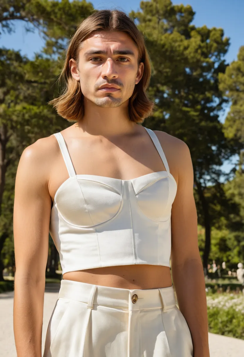 Man wearing an editorial-style crop top in ivory satin with structured bodice and boning details