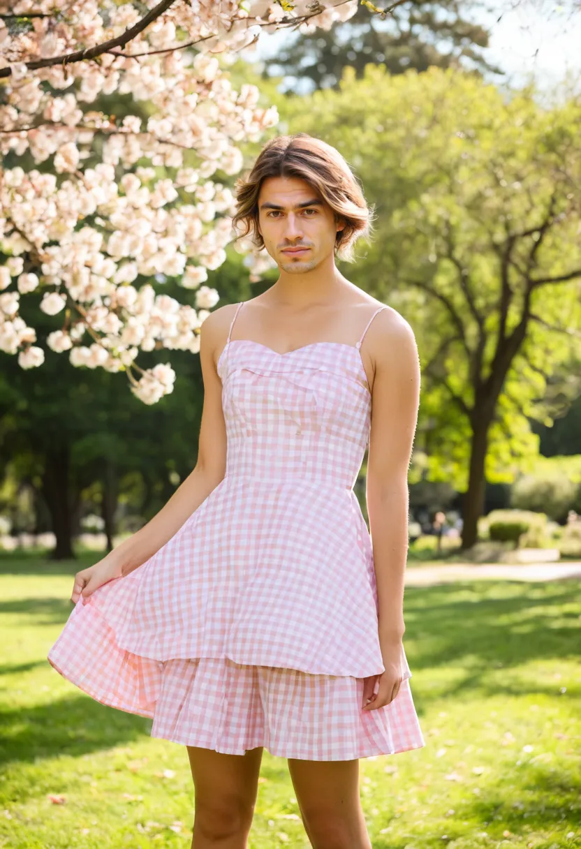boys wearing cute dresses featuring pink gingham print with layered petticoat underneath