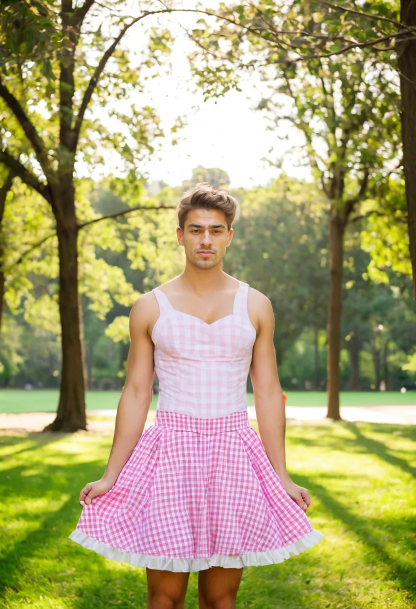 man in a crisp cotton gingham check dress with thin shoulder straps and fitted bodice