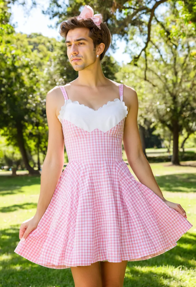 man wearing a playful pink and white gingham mini dress with sweetheart neckline and full petticoat skirt