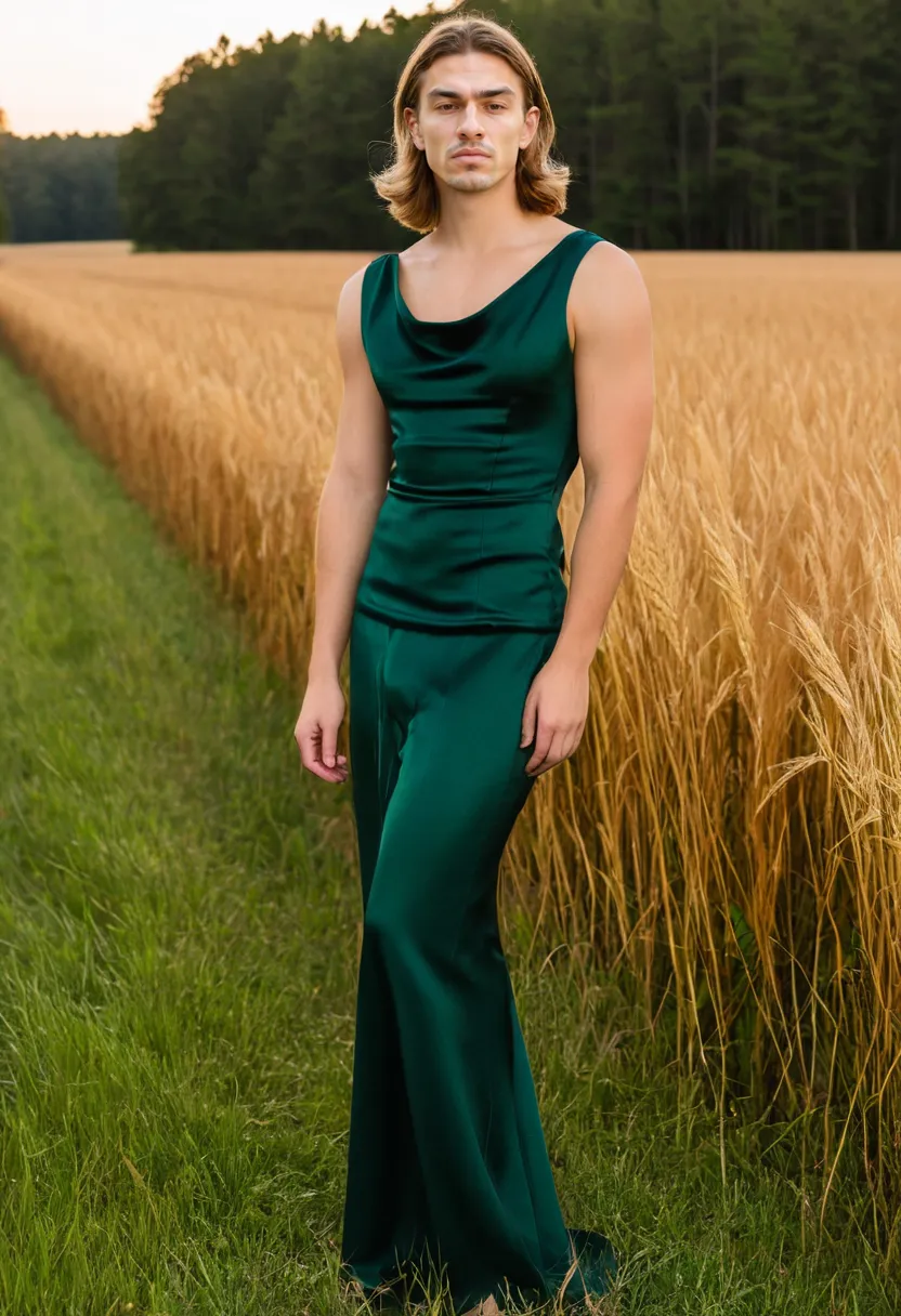 Elegant feminine dress in deep forest green silk-crepe with smooth fabric, subtle sheen, and graceful column fit