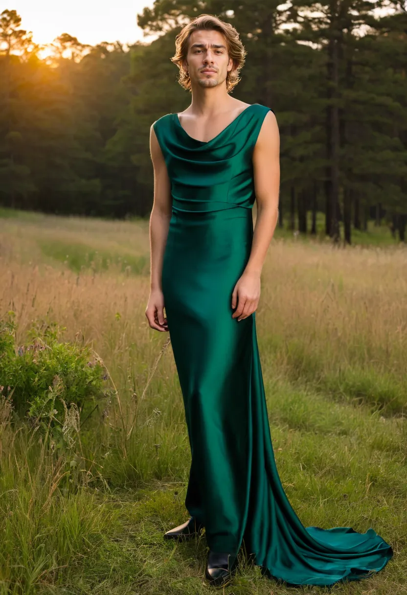 Rich saturated forest green column dress on a man, with natural drape at the cowl neckline and elongated polished silhouette