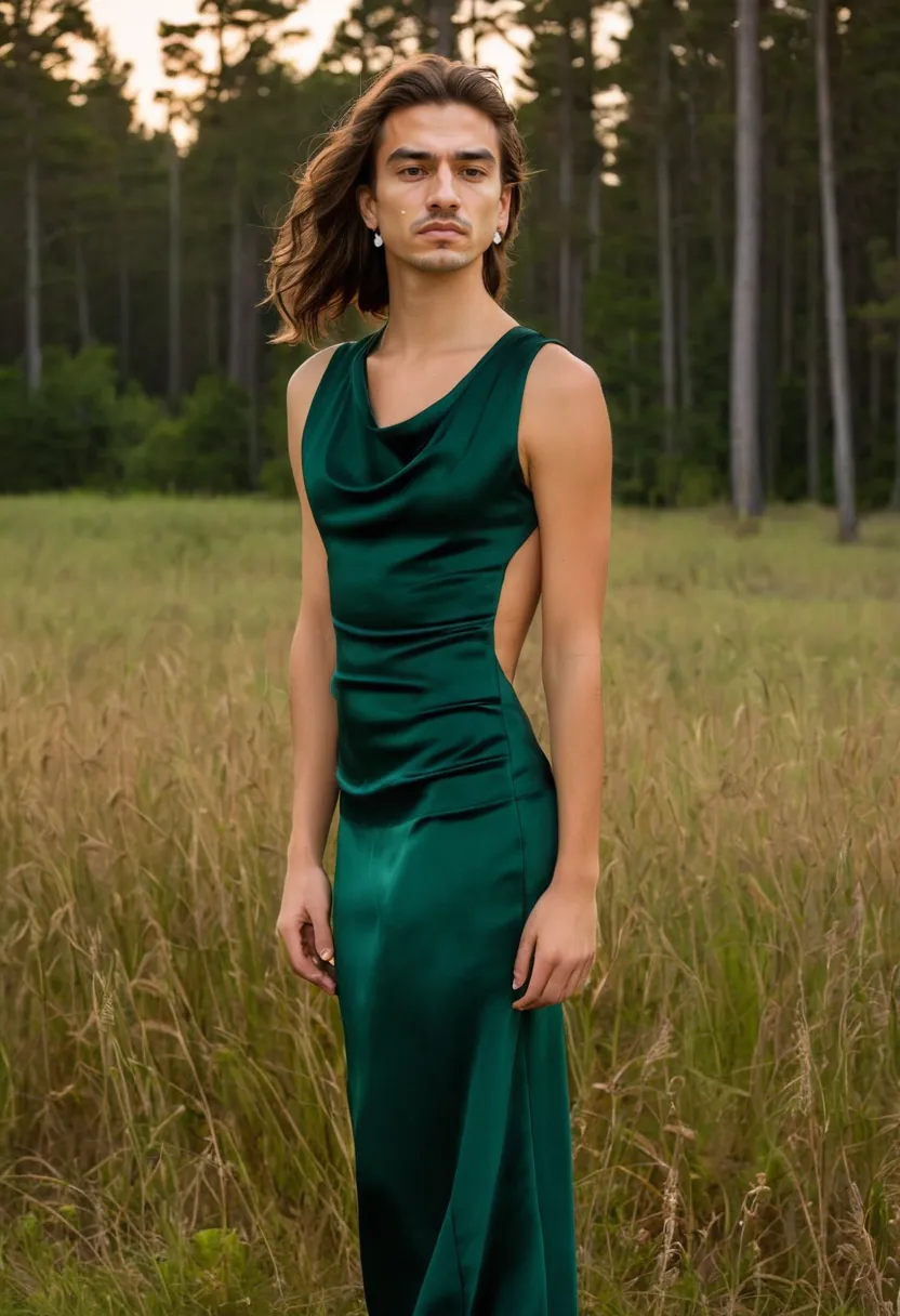 Man wearing an elegant deep forest green silk-crepe dress with fitted column silhouette, cowl neckline, and subtle satin sheen