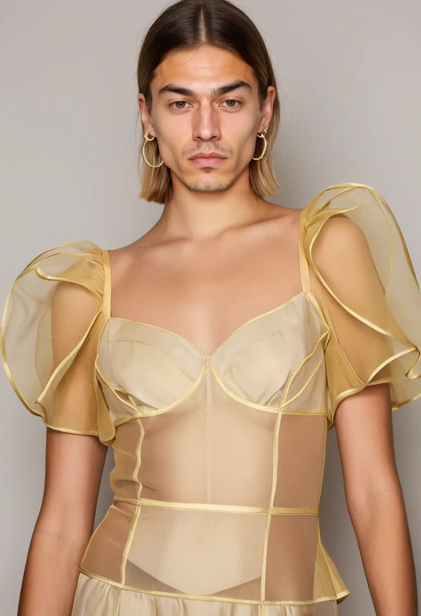 Pale gold organza dress with wide structured sleeves, slightly transparent, capturing holographic neon noir studio lighting in an ethereal boys-wearing-ethereal-looks composition