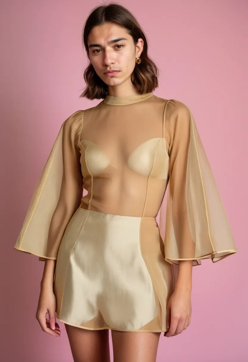 A man wearing a sheer organza dress in pale gold, slightly transparent fabric with a natural stiffness and subtle golden sheen, wide sleeves holding their shape against a neon noir holographic backdrop