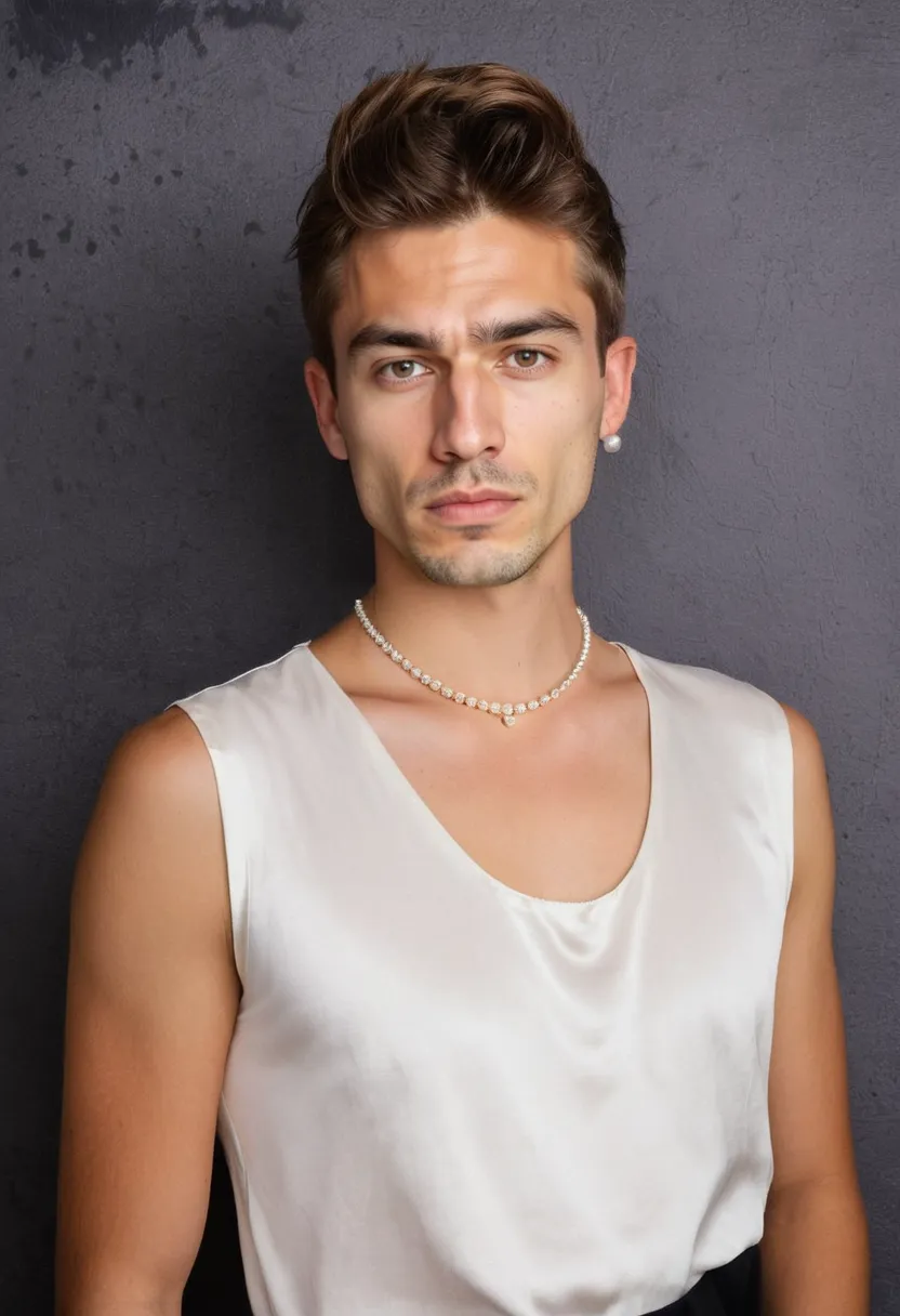 Close styling of a boy in white blouse with feminine pearl and satin bow accessories, neon noir background