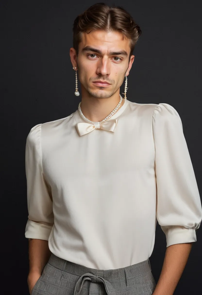 Boy styled with pearl necklace, hoops and hair bow, delicate accessories photographed against holographic studio lighting